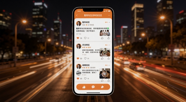 智享车生活车友社区界面展示,手机屏幕显示帖子列表与互动按钮,背景为城市夜景与车流灯光,暖色调氛围,Boogu模型生成,突出社交互动感