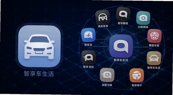 智享车生活同类软件对比概念图,画面左侧为智享车生活图标,右侧环绕多款车载应用图标,背景为深蓝色科技网格,突出功能差异与选择多样性,Boogu模型生成