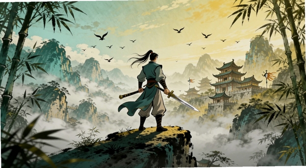 武侠风云 游戏全景 主体为一名持剑侠客站在山巅 背景为云海与古风建筑群 中国水墨风格 色调以青绿与暖黄为主 画面中央为人物 四周环绕竹林与飞鸟 整体氛围开阔大气
