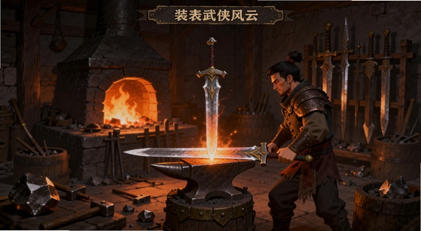 武侠风云 装备打造界面 主体为古风铁匠铺 铁匠正在锻造长剑 背景为炉火与兵器架 色调以橙红与深灰为主 画面中央为发光剑胚 四周散落矿石与工具 整体氛围火热硬朗