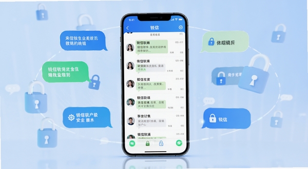 锐信软件主界面全貌展示,画面中央为手机屏幕显示锐信聊天列表,背景为浅蓝色渐变,周围环绕聊天气泡与安全锁图标,整体风格简洁科技感