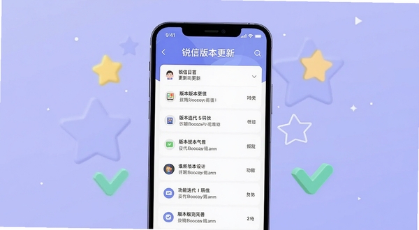 锐信版本更新界面截图,画面中央为手机屏幕显示更新日志列表,背景为淡紫色,周围有星形与对勾图标,体现版本迭代与功能完善