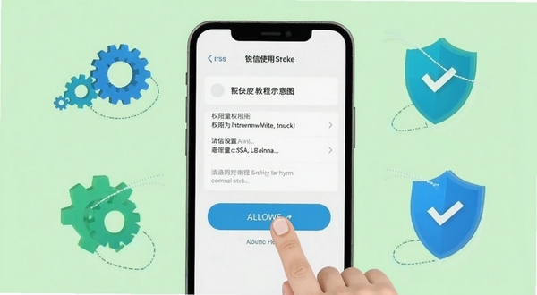 锐信使用教程示意图,画面中央为手机屏幕展示权限设置界面,手指点击允许按钮,背景为浅绿色,周围有齿轮与盾牌图标,体现安全设置流程