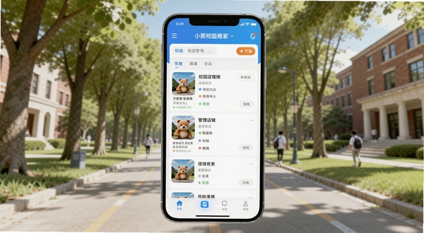 小熊校园商家app主界面展示,画面中央为手机屏幕内显示校园店铺管理面板,背景为大学校园林荫道与教学楼区域,整体色调清新明亮,适配Boogu模型生成