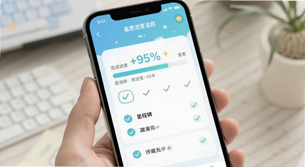 星愿进度追踪页面,手机屏幕显示心愿进度条和里程碑勾选状态,界面配色清新,突出完成百分比