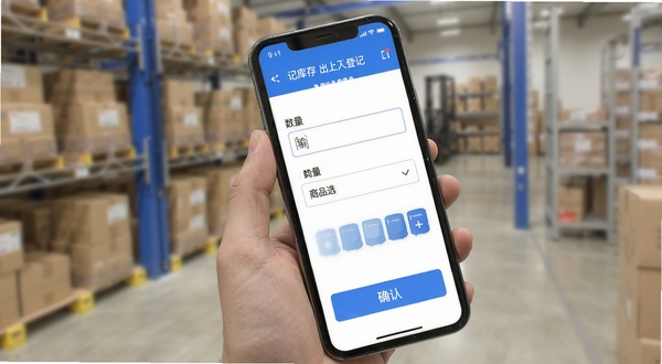 记库存 出入库登记界面 数量输入框 商品选择 确认按钮 手机屏幕 蓝色主题 操作便捷