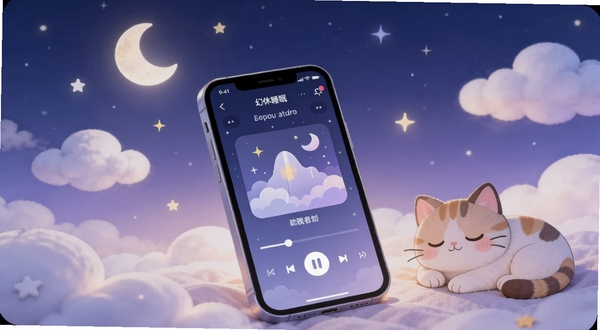整体画面以柔和的深蓝与淡紫色渐变夜空为背景,中央偏下位置放置一部智能手机,屏幕亮起展示幻休睡眠应用的助眠音频播放界面,周围环绕着漂浮的云朵、闪烁的星星与一弯新月,画面右侧有一只闭眼安睡的卡通猫咪,整体风格温暖治愈,适合作为软件全貌展示图