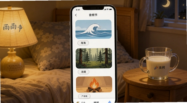 画面展示幻休睡眠应用内的音频列表页面,手机屏幕中整齐排列着雨声、海浪、森林、篝火等声音卡片,每张卡片配有对应的插画图标,背景是安静的夜晚卧室场景,床头柜上放着一杯温牛奶,整体色调偏暖黄,强调助眠氛围
