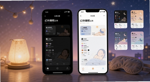 展示幻休睡眠应用的主题设置页面,手机屏幕中呈现深色模式与浅色模式对比,旁边有几种不同的配色方案缩略图,背景是柔和的渐变夜色,画面中点缀着小夜灯和眼罩等助眠元素,突出个性化定制概念