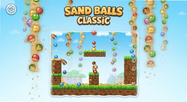 Sand Balls Classic 游戏主界面 彩色小球与沙粒下落 明亮休闲风格 中心区域展示关卡场景 背景为淡蓝色渐变 适配手机竖屏比例