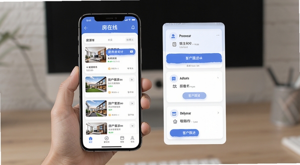 房在线 手机端房产经纪办公界面 房源列表与客户跟进卡片式布局 现代简约蓝色调 高清UI展示图