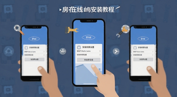 房在线 安装教程 手机屏幕显示安装权限设置界面 步骤示意图 扁平化风格