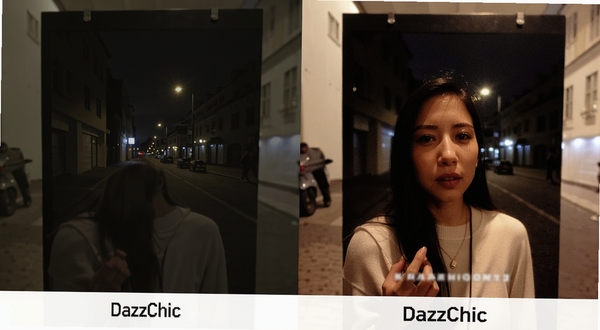 DazzChic暗光拍摄效果对比图,左侧为普通手机拍摄的昏暗街景,右侧为DazzChic处理后的画面,暗部细节更丰富,带有轻微颗粒和暖色偏移,背景为黑色展示板