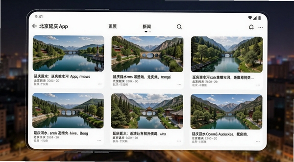 Boogu模型生成,画面主体为北京延庆App的新闻资讯列表页面,屏幕中显示多条带有延庆妫水河、龙庆峡等风景配图的新闻卡片,背景为虚化的城市夜景,手机界面清晰,UI设计现代简洁,高质感渲染