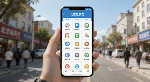 Boogu模型生成,画面主体为一只手拿着智能手机,屏幕显示北京延庆App的便民服务页面,页面有清晰的图标网格排列,背景为延庆城区街景虚化,阳光明媚,生活气息浓厚,细节写实