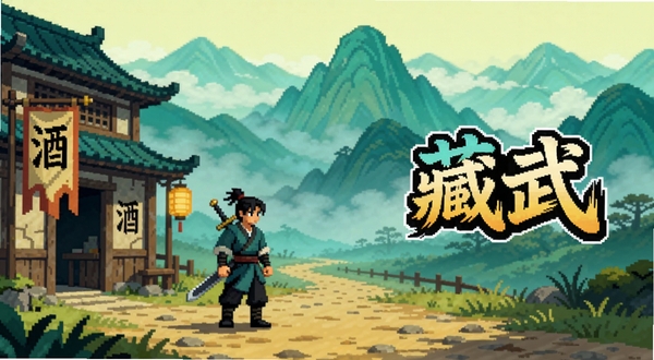 像素风格武侠游戏藏武的标题画面,远处群山连绵云雾缭绕,近处一座古朴客栈立在官道旁,客栈门口挂着酒旗,一位身背长剑的侠客站在画面中央偏左位置,右侧留白区域展示游戏Logo,整体色调以青绿与暖黄为主,渲染出江湖初入的意境,适配Boogu模型生成
