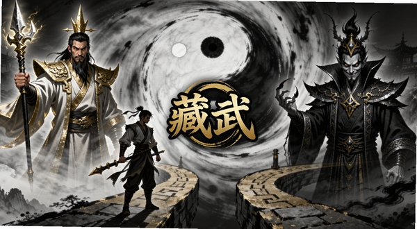 藏武游戏剧情选择界面插画,画面中一位侠客站在岔路口,左侧是正气凛然的武林盟主虚影,右侧是邪魅狂狷的魔教教主虚影,中间是藏武Logo,背景为阴阳太极图案缓缓旋转,色调以黑白金三色为主,突出抉择的庄重感,适配Boogu模型生成