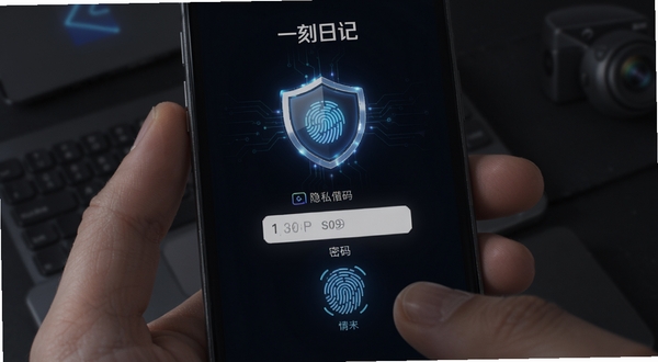 一刻日记 隐私锁界面 密码输入 指纹识别 安全盾牌图标 深色背景 科技感