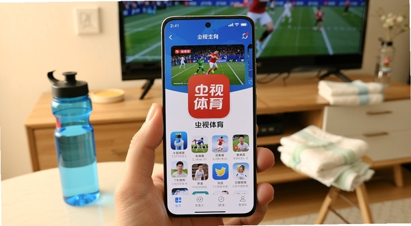 一部智能手机屏幕中央展示央视体育应用主界面,画面主体为手机正视图,背景为客厅环境,电视柜上摆放着运动水壶和毛巾,整体色调明亮温暖,突出体育赛事直播的视觉元素