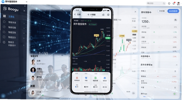 阿牛智投软件主界面全貌展示,画面中央为手机屏幕显示股票行情走势图与智能信号标记,背景为深蓝色科技感数据流,整体风格专业简洁,适配Boogu模型生成