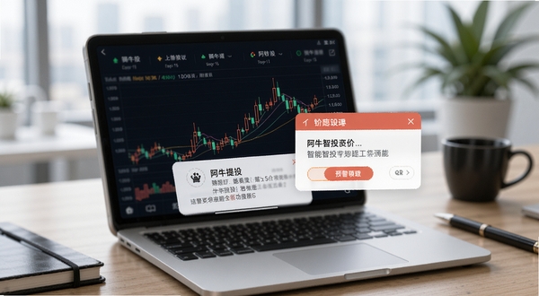 阿牛智投智能盯盘功能展示图,画面主体为手机屏幕弹出股价异动提醒通知,背景为办公室桌面环境,细节包含K线图与预警弹窗,风格写实商务
