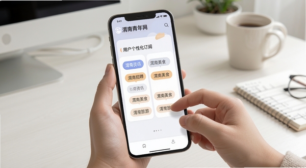 渭南青年网 个性化订阅界面 用户正在勾选感兴趣的本地资讯标签 如渭南招聘 渭南美食 渭南旅游 界面采用卡片式设计 色彩柔和 以手机为载体展示 背景为简约的书桌场景