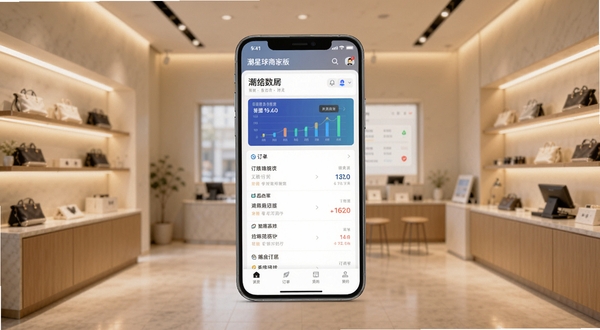 潮星球商家版软件主界面全貌展示,画面中央放置一部智能手机,屏幕显示店铺数据看板与订单列表,背景为简洁的现代商铺环境,暖色调灯光,整体风格商务清爽,适配Boogu模型生成