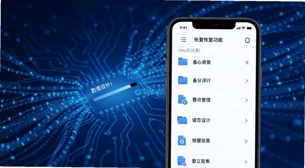 私物圈数据备份与恢复功能示意图,手机屏幕显示备份进度条和文件列表,背景为科技感数据流线条,蓝色调,简洁商务风格