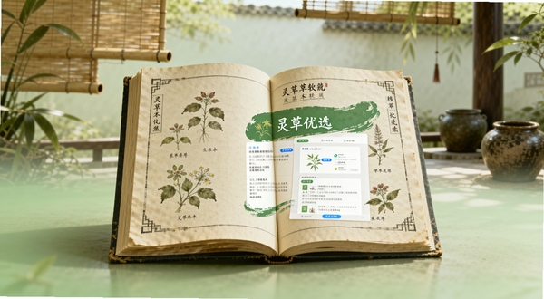 画面中央是一本摊开的古风草本图鉴,书页上绘制着灵草优选软件界面,背景是淡绿色渐变的中式庭院廊下,远处有竹帘与陶罐,光线柔和温暖,整体风格清新写实,突出灵草优选软件与草本主题的融合,画面比例16:9
