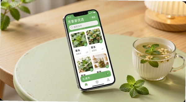 灵草优选手机界面悬浮在浅绿色桌面上,屏幕内展示草本分类卡片与搜索框,旁边放着一杯花草茶和几片新鲜薄荷叶,背景是木质桌面与暖色灯光,画面干净柔和,突出灵草优选软件的生活化使用场景,细节清晰,风格写实清新