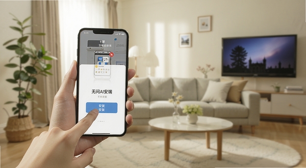 无问AI手机端操作步骤示意图,画面展示一只手拿着手机点击安装按钮,背景为居家客厅环境,光线明亮,突出安装引导界面