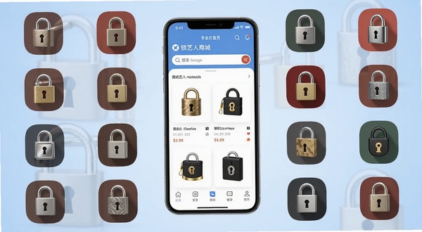 锁艺人商城 手机应用界面展示 正中央显示商城首页商品列表与搜索栏 背景为浅蓝色渐变 周围环绕各类锁具产品图标 整体风格简洁专业 适配Boogu模型生成