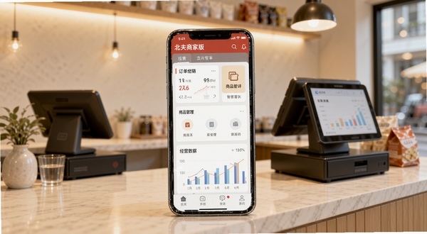 北夫商家版应用主界面全貌展示,画面中央放置一部智能手机,屏幕上显示北夫商家版店铺管理首页,包含订单统计卡片、商品管理入口和经营数据图表,背景为整洁明亮的店铺收银台场景,暖色调灯光,现代商业风格,高清细节,适合软件下载站头图使用