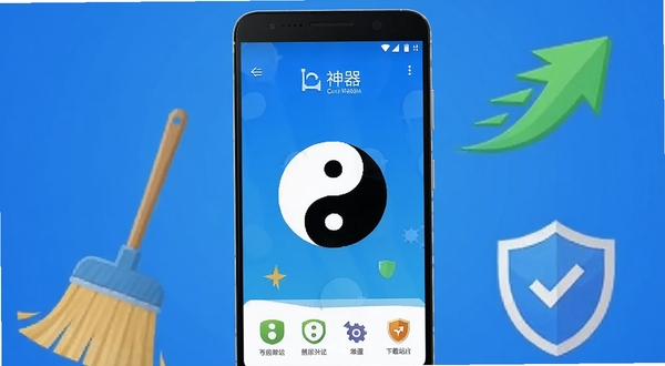 画面中央一部安卓手机屏幕显示太极神器主界面,背景为简洁蓝色渐变,周围环绕清理扫帚、加速箭头、盾牌图标,整体风格清爽科技感,适配下载站配图