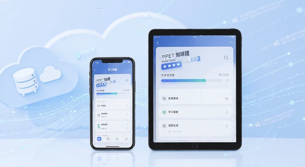 PPET知识在线学习记录同步示意图,画面中央是手机与平板设备并排展示,屏幕内显示相同的学习进度界面,背景区域为淡蓝色云朵与数据流线条,画面简洁科技感,适配Boogu模型生成