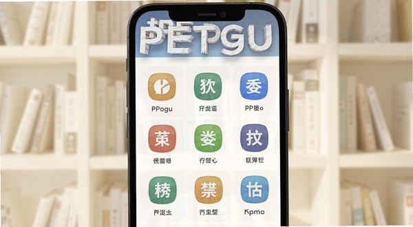 PPET知识在线内容分类页面特写,画面主体为手机屏幕中央的分类导航网格,每个图标代表不同知识领域,背景区域是柔和的米白色书架场景,画面上方悬浮软件名称字样,细节清晰,适配Boogu模型生成
