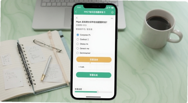 PPET知识在线题库练习界面截图,画面中央是手机屏幕显示的单选题与选项按钮,屏幕下方有答题进度条,背景区域为淡绿色学习桌面,桌面散落笔记本和咖啡杯,画面自然真实,适配Boogu模型生成