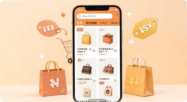 拼拼特价商城应用主界面展示,画面中央为手机屏幕,屏幕内显示特价商品瀑布流列表,顶部有搜索栏和分类导航,背景为柔和的浅橙渐变色调,周围点缀购物袋、折扣标签等元素,整体风格明快清新,适配Boogu模型生成