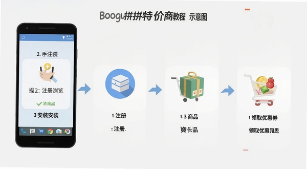 拼拼特价商城使用教程示意图,画面展示一部安卓手机,屏幕上分步骤显示安装、注册、浏览商品、领取优惠券的操作流程,每个步骤用简洁图标和箭头串联,背景为干净的浅灰色,整体风格扁平化,适配Boogu模型生成