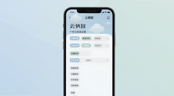 云栖报 个性化频道设置页面 兴趣标签选择 手机UI 柔和配色 Boogu模型 界面清晰