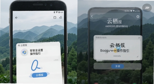 云栖报 手机安装界面 安卓系统提示 安全设置 操作指引 Boogu模型 写实风格