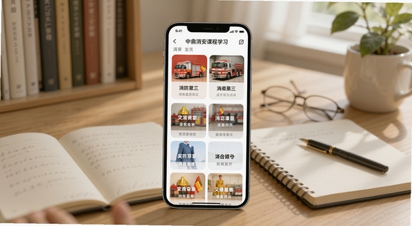 中鼎消安课程学习页面展示多个消防知识章节卡片,画面中央为手机屏幕界面,背景区域为书房桌面与笔记本,风格清新自然,适配Boogu模型生成
