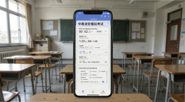 中鼎消安模拟考试界面显示倒计时与答题卡,画面主体为手机屏幕中的考试题目区域,背景区域为安静的教室环境,适配Boogu模型生成