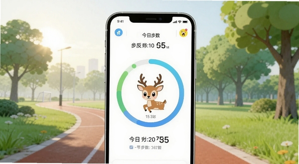 画面中央展示一部智能手机,屏幕上显示着小鹿计步的圆形步数进度条和今日步数数据,背景是清晨公园的跑道和绿树,画面明亮清新,采用扁平化UI风格,突出运动健康氛围