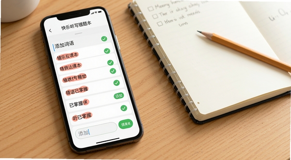 快乐听写错题本与自定义听写界面展示,画面中手机屏幕显示错题列表和添加词语的输入框,有红色标记的错题和绿色对勾的已掌握词语,背景为书桌一角,有笔记本和铅笔,整体风格清新简洁