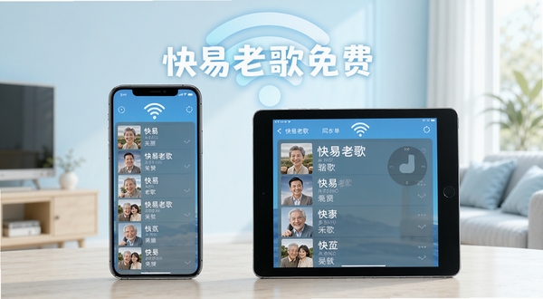 快易老歌免费歌单同步功能展示,画面中央是手机与平板电脑并排显示相同的歌单列表,背景是家庭无线网络信号图标,色调清新明亮,画面中融入“快易老歌免费”文字,体现多设备互联的便捷性