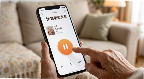 快易老歌免费适老播放界面,画面特写手机屏幕上的超大播放按钮和简洁布局,一位老年用户的手指正点击屏幕,背景是居家沙发环境,光线柔和,画面清晰展示“快易老歌免费”字样和歌曲信息,体现易用性