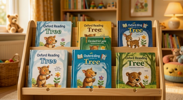 牛津阅读Tree 分级阅读书架界面展示,画面中央是排列整齐的彩色绘本封面,背景为温馨的儿童书房环境,柔和暖光