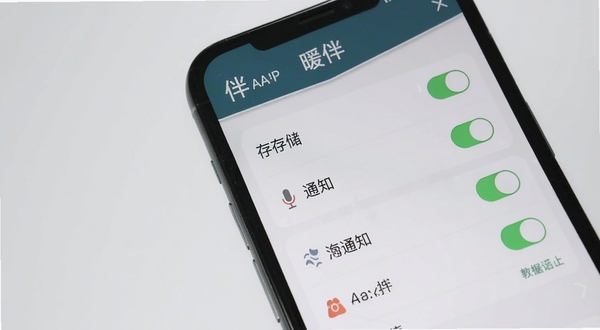 暖伴应用权限设置界面截图,画面主体为手机屏幕显示暖伴APP的权限管理页面,包含存储、麦克风、通知等开关选项,背景区域为浅灰色极简风格,突出设置项文字,软件名称暖伴出现在顶部标题栏