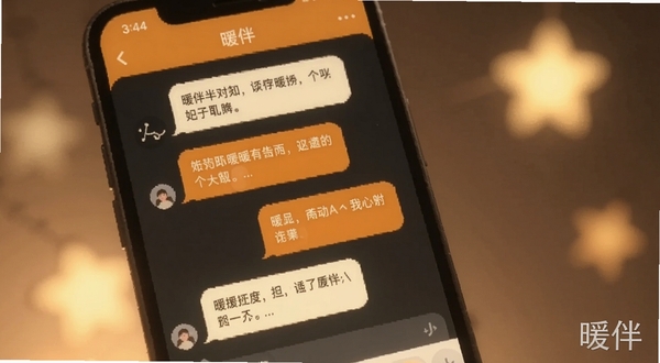 暖伴AI对话界面特写,画面主体为手机屏幕展示暖伴APP的聊天窗口,对话气泡呈现暖橙色与米白色,背景区域为柔和的暖光与模糊的星星元素,整体氛围安静治愈,软件名称暖伴以水印形式出现在画面右下角